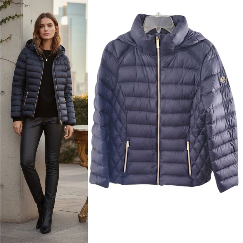 Michael Kors Quilted Down Fill Hooded Puffer Jacket Sz M Black Lightwt Packable